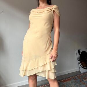 Vintage 90s Pastel Yellow Cowl Open Back Formal Dress